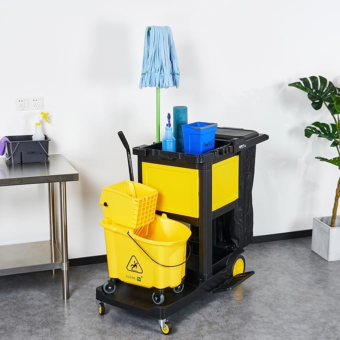Restaurantware-Clean Tek Professional 3-Shelf Janitor Cart with Wheels, 1 Cleaning Trolley with Cover and 21 Gallon Bag - Includes 1 Single Locking Cabinet, Heavy-Duty, Gray Plastic Janitorial Cart