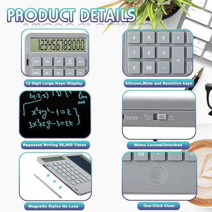 Hion Calculators,12-Digit Large Display Rechargeable Pocket Office Desktop Calculator with Erasable Wiriting Tablet,Mute Basic Desk Calculators with Doodle Pad for Student Home School,Grey