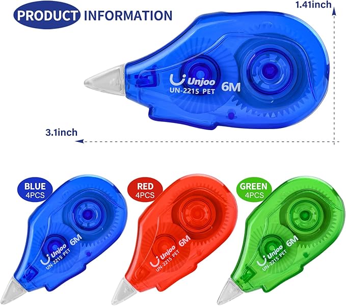 White Correction Tape, Easy To Use Applicator for Instant Corrections Wrong Writing At Any Time, For school, Office (6M/256" x 0.2",3 colors,12pack)