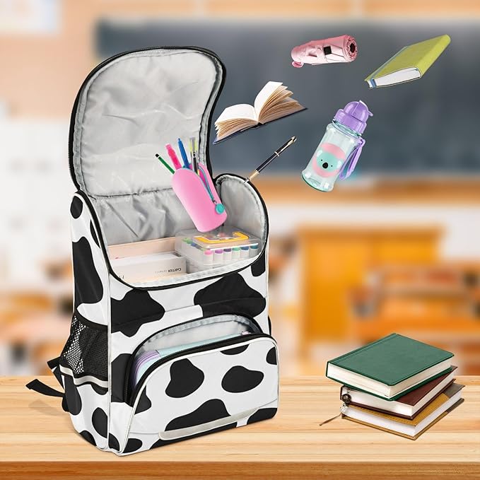 Cow Print Backpack with Reflective Strip for Kids Boys Girls Elementary School Bag Removable Chest Strap