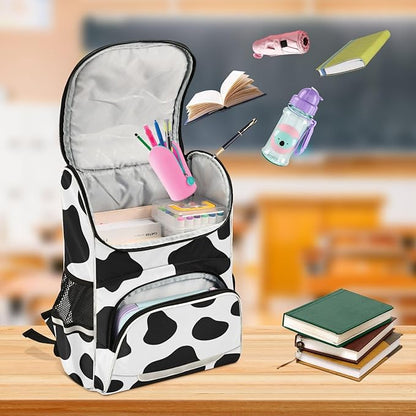 Cow Print Backpack with Reflective Strip for Kids Boys Girls Elementary School Bag Removable Chest Strap