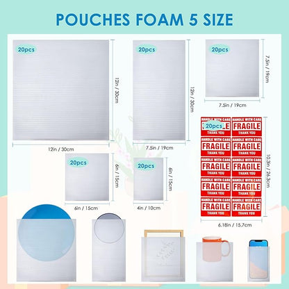 100 Pack Cushion Foam Pouches 5 Sizes wrap pouches dish packing kit (4"x6",6"x6",7.5"x7.5",7.5"x12",12"x12")Packing Supplies for Moving Packing Materials For Fragile Items Incidental50Fragile Stickers
