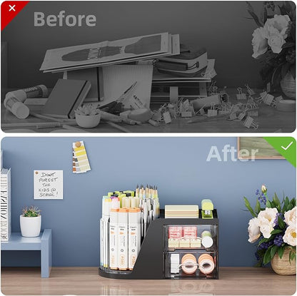 Marbrasse Desk Organizer with 2 Drawer, 360 Rotating Pen Holder, 6 Slots Pencil Organizer + 2 Drawer, Art Supply Storage Box Caddy for Office (Black)
