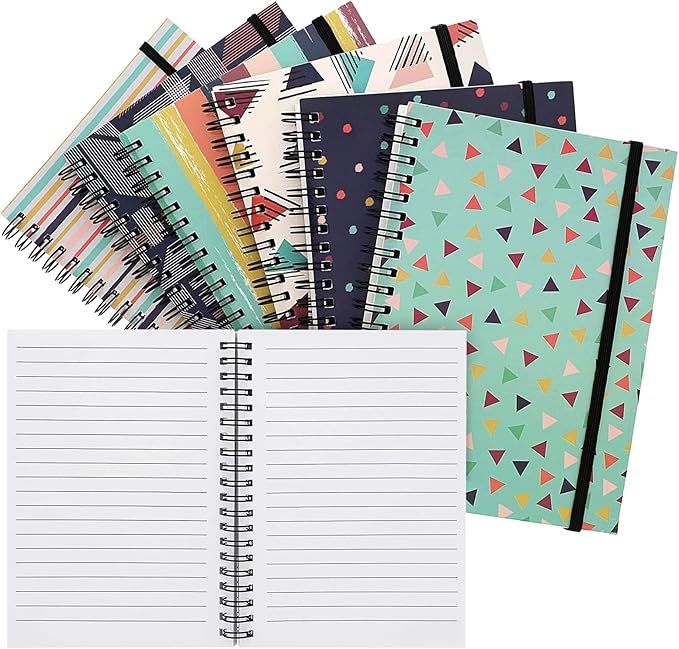 Paper Junkie 6 Pack 5x7 Spiral Notebooks with Pocket - Small Lined Journals with Elastic Closure for School, Work (6 Designs)