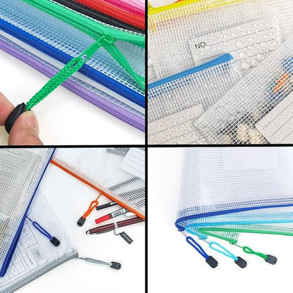 AUSTARK Plastic Mesh Zipper Pouch, 12 Pcs Zipper File Bags with Label Pocket, Game Boards Storage Bags, Waterproof Document Storage Bags for Office Home Travel Cosmetic (A4 Size 13.4 x 9.4 in)