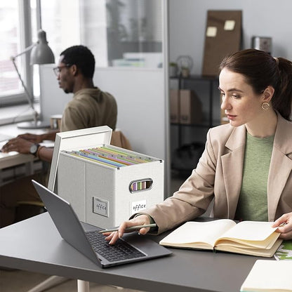 Hanging File Filing Box with Lid, Linen Collapsible File Organizer Box for Hanging Folder, Office/Home Decorative Storage Boxes Filing Cabinet (Off White, 14x9.3x10.9)