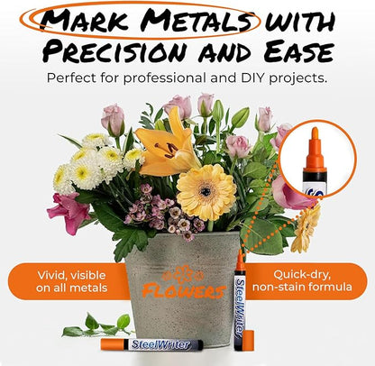 Metal Marking Paint Pen - Industrial Marker For Writing & Drawing on Steel and Metals - Washable Removable Paint Markers For Metal, Wet Erase Metal Paint, Orange Paint Pen for Construction and Welders