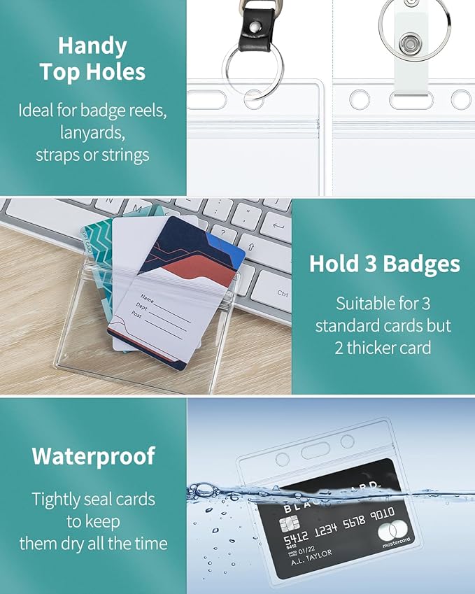 Uniclife 5 Pack Badge Holder Horizontal Clear Plastic Case with Retractable Badge Reel Carabiner Clip Soft Waterproof Card Protector for IDs Credit Cards Proximity Cards Driver’s Licenses and Passes