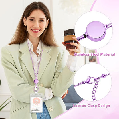Lanyards for Id Badges 3 Pack Badge Lanyard with 6 Pcs Id Badge Holder Retractable Stainless Steel Teacher Lanyards Cruise Ship Essentials for Girl Women (Gold, Pink, Purple)