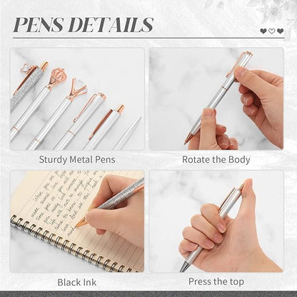 6 Pcs Ballpoint Pens Set Metal Crystal Diamond Pen for Journaling Glitter Pretty Cute Stationery Black Ink Fancy Gifts for Women Girls Teacher Office Wedding School Supplies(Silver)