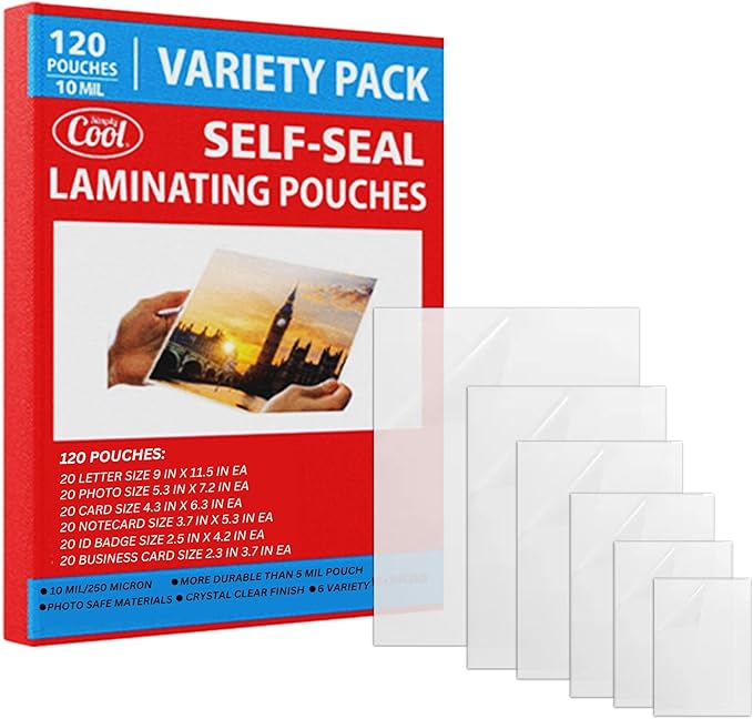 10mil Self-Adhesive Cold Laminating Sheets (120 Variety Count) Letter, Photo, Card, Notecard, I.D. Badge and Business Card Sizes. No Heat, No Machine needed, Easy Self-Sealing Pouches