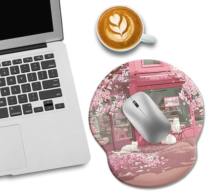 Cat Ergonomic Mouse Pad with Wrist Rest, Pink Cherry Blossom Computer Mouse Pad Wrist Support with Non-Slip Pain Relief PU Base, Cute Office Desk Decor Accessories Japanese Dessert House