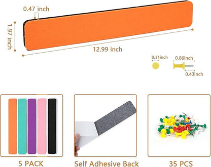 5 Pack Felt Pin Board Bar Strips Bulletin Board for Bedrooms Offices Home Wall Decoration, Notice Board Self Adhesive Cork Board with 35 Push Pins for Paste Notes, Photos, Schedules (Multi-Color)