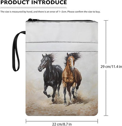 COEQINE Horses Themed Zippered Book Covers for Soft Cover Books Hard Cover Cool Animal Book Protectionale Book Sleeves Case with Hand Handles Portable Chain