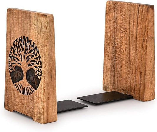 NIRMAN Office Bookends Iron & Acacia Wood Tree of Life Office Bookends for Shelves or Bookcase Heavy Bookends, Home Décor Gift (4" X 4" X 6"), (Set of 2)