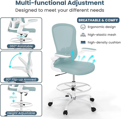 Drafting Chair, Tall Office Chair with Flip-up Armrests Executive Ergonomic Computer Standing Desk Chair, Office Drafting Chair with Lumbar Support and Adjustable Footrest Ring