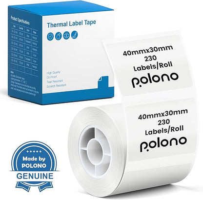 POLONO Thermal Labels for PM220S Label Maker, 1.57"x1.18" (40x30mm), Multi-Purpose Thermal Sticker Label Tape, Self-Adhesive Thermal Paper for Home, Office, 230 Labels/1Roll, Clear