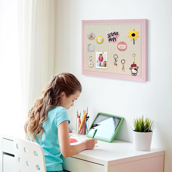 Large Cork Board with Linen, 36" x 24" Hanging Pink Wood Framed Bulletin Board, Picture Display Vision Board Corkboards for Wall Room School Office Decor, 10 Pushpins, 1 Pack