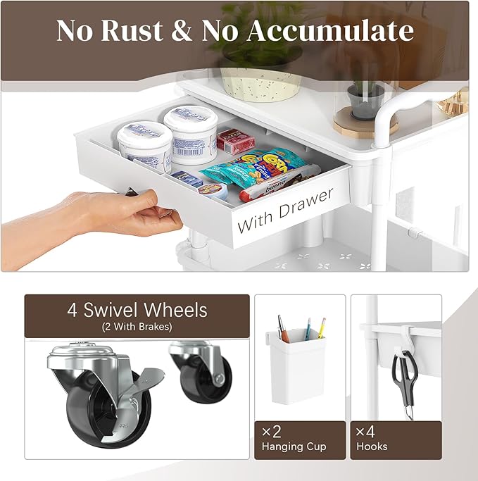 Rolling Utility Cart with Drawer 3 Tier, Utility Storage Organizer with Plastic Shelf & Lockable Wheels Multifunctional Storage Cart for Kitchen, Bathroom, Office, Living Room, White