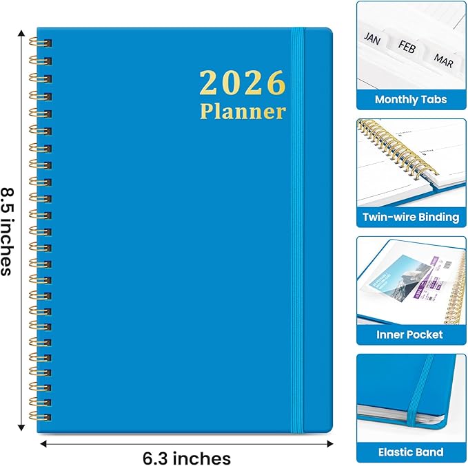 2026 Planner, Weekly and Monthly Calendar Planner, January 2026 - December 2026, Hardcover 2026 Calendar Planner Book with Tabs For Women & Men, Inner Pocket, Spiral Bound, Perfect for Office Home School Supplies - A5 (6.3" x 8.5"), Azure Blue