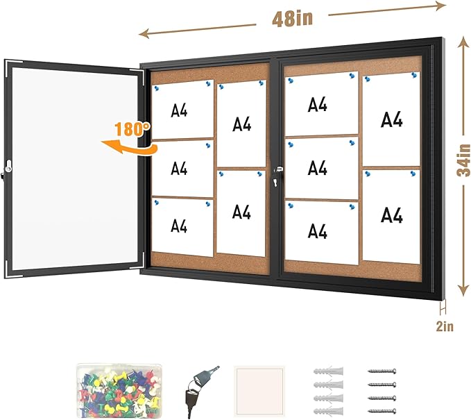 48"x34" Enclosed Bulletin Board, Outdoor Lockable Weather-Resistant Aluminum Cork Noticeboard for School & Office, Silver Frame w/Cork