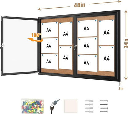 48"x34" Enclosed Bulletin Board, Outdoor Lockable Weather-Resistant Aluminum Cork Noticeboard for School & Office, Silver Frame w/Cork