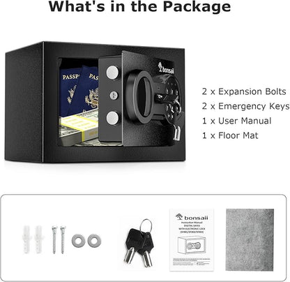 Bonsaii Safe Box with Electronic Keypad, Steel Security Lock Box with Key, 0.23 Cubic Feet, 9.06" W x 6.69" D x 6.69" H, Small Hidden Safe for Cash Jewelry