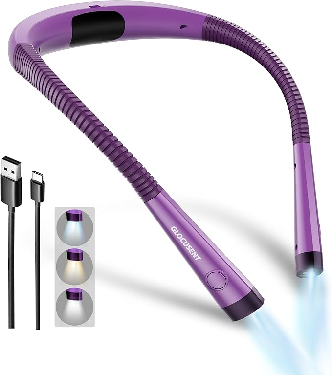 Glocusent Book Light, 3-Color & 6-Brightness Reading Light, Bendable Neck Light, 80-hr Lasting Rechargeable Lamp, Perfect Book Light for Reading in Bed, Knitting, Camping, Repairing, Book Lovers Gifts