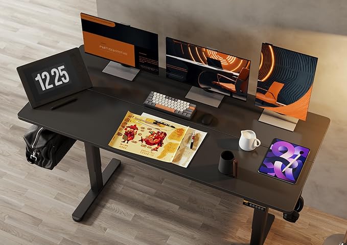 Electric Standing Desk, Adjustable Height Stand up Desk, 55x24 Inches Sit Stand Home Office Desk with Splice Board, Black Frame/Black Top