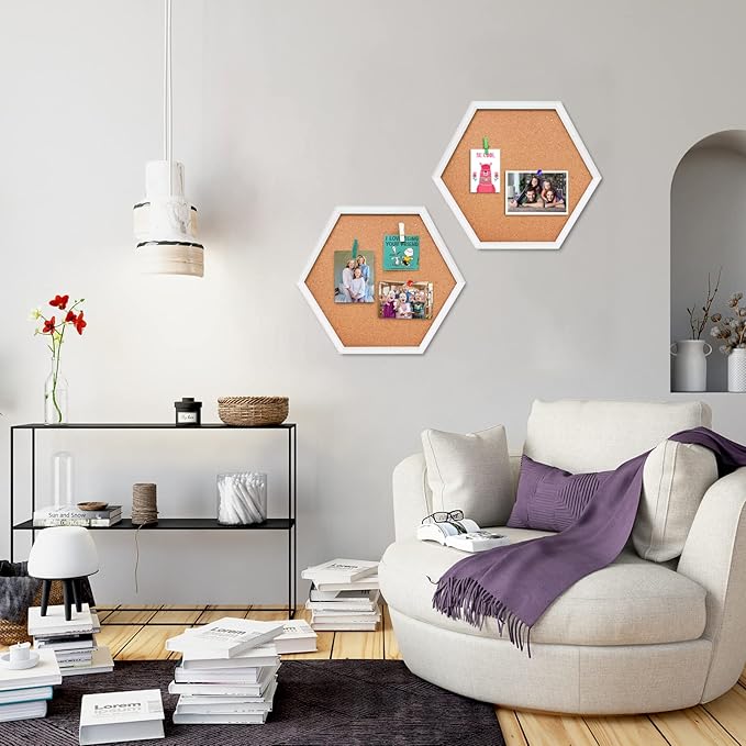EVNEED 4 Pack Cork Bulletin Board Hexagon, Small Framed Corkboard Tiles for Wall, Thick Decorative Display Boards for Home School Office,School Message Board with 16 Push Pin Wood Clips,White
