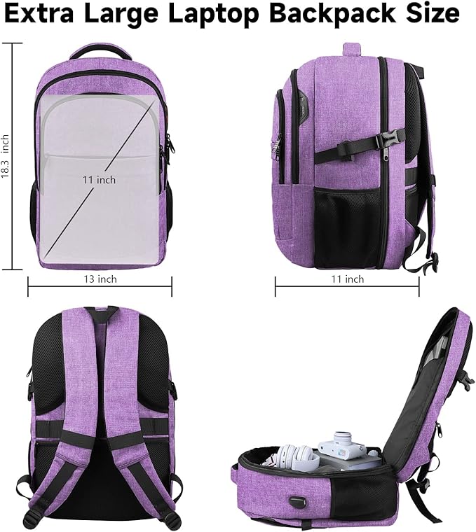 Lapsouno Extra Large Travel Backpack, Travel Laptop Backpack, Multiple Pockets 17.3 Inch Carry on Backpack with USB Port, TSA Friendly Water Resistant College School Business Bag for Women, Purple