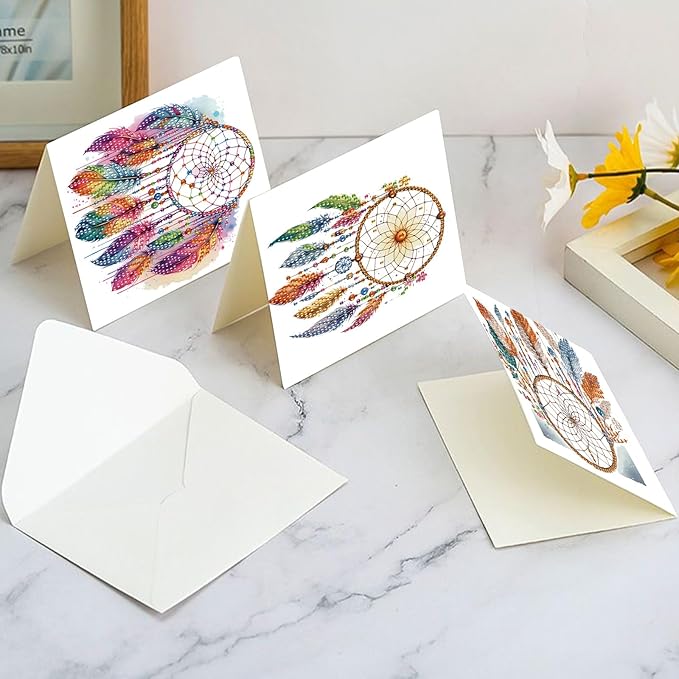 Tontut 6pcs Diamond Art Painting Kit Greeting Card, Feather Dreamcatcher 5D DIY Diamond Handmade Holiday Glitter Greeting Card with Envelope, Holiday Gift Congratulation