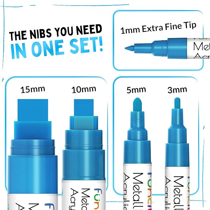 5 Metallic Acrylic Blue Paint Pen - Extra Fine Tip, Thin & Jumbo (1mm, 3mm, 6mm, 10mm, 15mm) - Blue Paint Markers for Metal, Fabric, Plastic, Canvas, Wood, Rock Painting, Glass, Permanent Marker