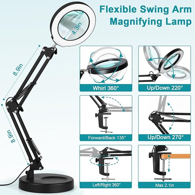 10X Magnifying Glass with Light and Stand, 2-in-1 Desk Lamp & Clamp Light, Seylae 5 Color Modes, Brightness Stepless Dimmable LED Lighted Magnifier Hands Free, Magnifier Lamp with Light for Close Work