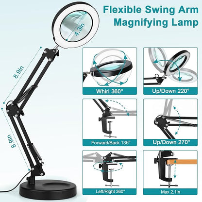 10X Magnifying Glass with Light and Stand, 2-in-1 Desk Lamp & Clamp Light, Seylae 5 Color Modes, Brightness Stepless Dimmable LED Lighted Magnifier Hands Free, Magnifier Lamp with Light for Close Work
