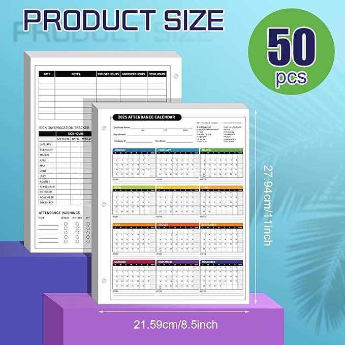 ReliThick 50 PCS 2025 Attendance Calendar Card Stock Paper 2025 Attendance Sheets for 3 Hole Binder Employee Record Folders for Manager, HR, Store Location Managers(Multicolor)