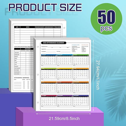 ReliThick 50 PCS 2025 Attendance Calendar Card Stock Paper 2025 Attendance Sheets for 3 Hole Binder Employee Record Folders for Manager, HR, Store Location Managers(Multicolor)