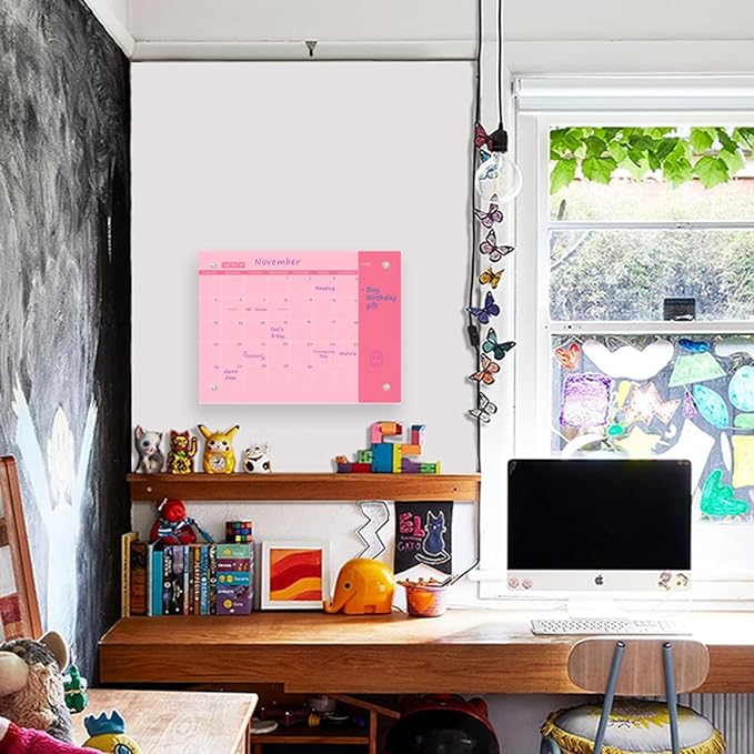 Glass Dry Erase Whiteboard, Monthly Calendar Whiteboard, Frameless Glass White Board for Home, School, Office, Pink Surface, 12" x 16"(GlassA-PK-3040)