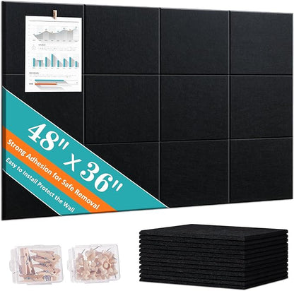 Black Cork Board 48" x 36" - 12 Pack Felt Wall Tiles with Safe Removable Adhesive Tabs - Large Cork Board for Office & Home & School Walls Decor - Black