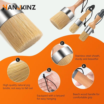 Chalk and Wax Paint Brush 3 Pcs Set, Chalk Paint Brushes for Furniture, Painting or Waxing, Milk Paint, Natural Bristle Stencil Brushes for All Painting and Waxing