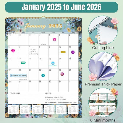 Gannyfer 2025 Wall Calendar, Large Wall Calendar 22"x17", 18 Monthly Hanging Calendar January 2025-June 2026, Yearly Planner Calendars with Plastic Cover, Thick Paper for Home School, or Office, Christmas Gifts for Women-Floral (6 Funny Stickers)
