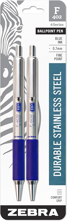 Zebra F-402 Ballpoint Stainless Steel Retractable Pen, Fine Point, 0.7mm, Blue Ink, 2-Count