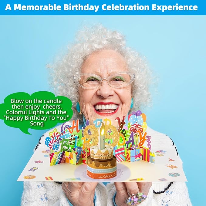 Gumry 99TH Musical Birthday PopUp Card, Blowable Colorful Light Candle 3D Cards with Song, Applause Cheers Sound, Greeting Cards Birthday Gifts Decorations for Women Men Turning 99 Years Old