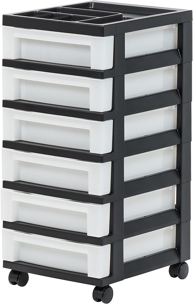 IRIS USA Plastic Drawer Storage Organizer Rolling Cart, with Wheels Casters, 6-Drawers, for Classroom Art Craft Supplies Dresser Closet Bathroom Dorm Bedroom Laundry Room, Black/Pearl