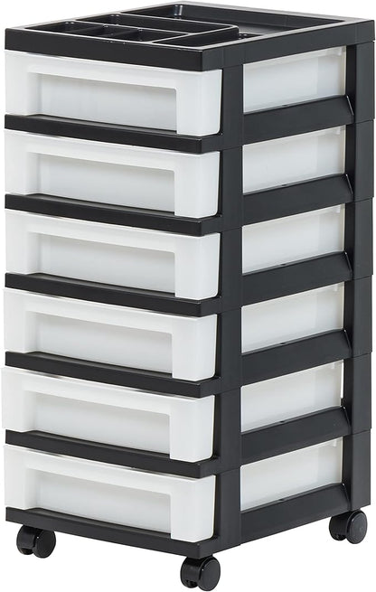 IRIS USA Plastic Drawer Storage Organizer Rolling Cart, with Wheels Casters, 6-Drawers, for Classroom Art Craft Supplies Dresser Closet Bathroom Dorm Bedroom Laundry Room, Black/Pearl