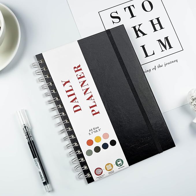 Undated Daily Planner,Undated Planner with Hourly Schedules, Daily Organizer Notebooks for work, Spiral Appointment Planner for Men and Wome, To Do List Notebook for Time Management, Elastic Closure, Pocket (Black)