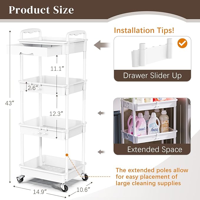 4 Tier Rolling Utility Cart with Drawer, Utility Storage Organizer with Plastic Shelf & Lockable Wheels Multifunctional Storage Cart for Kitchen, Bathroom, Office, Living Room, White