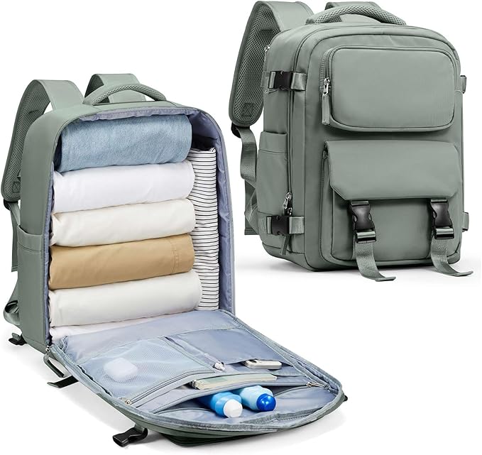 Large Travel Carry on Laptop Backpack for Women Men, Expandable Flight Approved Backpack, Waterproof Sports College bag Casual Daypack for Weekender Business Hiking with Shoe Compartment Light Green