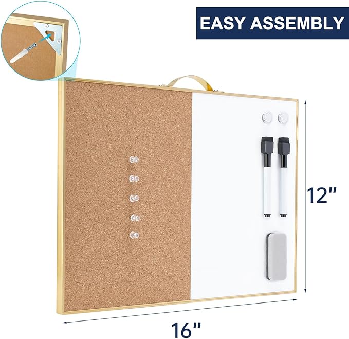 TSJ OFFICE Small Combination Board - 12" X 16" Portable Aluminum Gold Framed Magnetic Dry Erase Board for Wall, Small Bulletin Cork Board with Holder for Office, Home and School