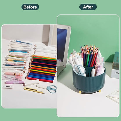 360 Degree Rotatable Pen Holder, 5 Slots Office Desk Organizer, Pencil Holder for Desk Multi-Functional Pencil Cup Desktop Stationary Organizer Storage for Office School Home Dark Green